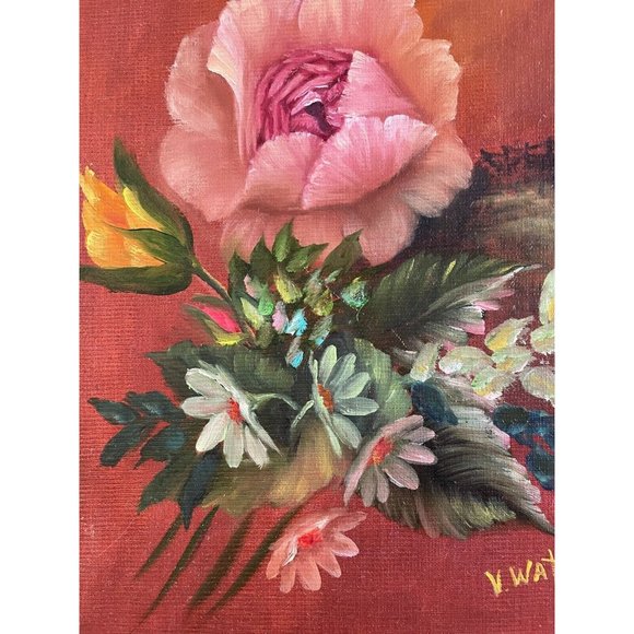 Vintage Signed Painting V Watson, Rose Phantasy, 9x12 unframed canvas art, 1984 - Picture 3 of 7